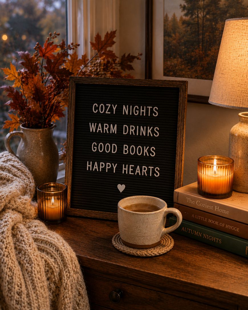 A cozy scene with a letter board reading Cozy nights, warm drinks, good books, happy hearts, a mug, candles, books, a knit blanket, and autumn leaves on a wooden table by a window.