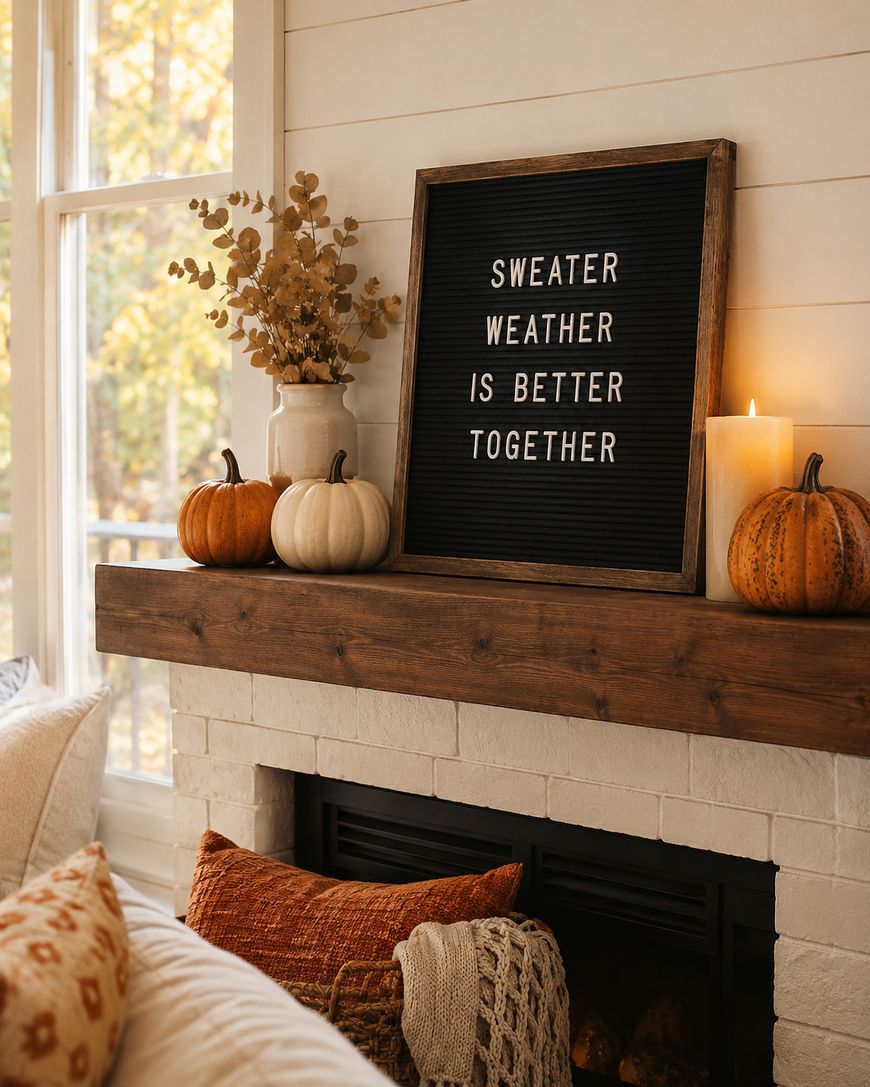 A cozy fireplace mantel decorated with two pumpkins, a vase of dried flowers, a lit candle, and a letter board sign reading Sweater weather is better together, with autumn trees visible through the window.