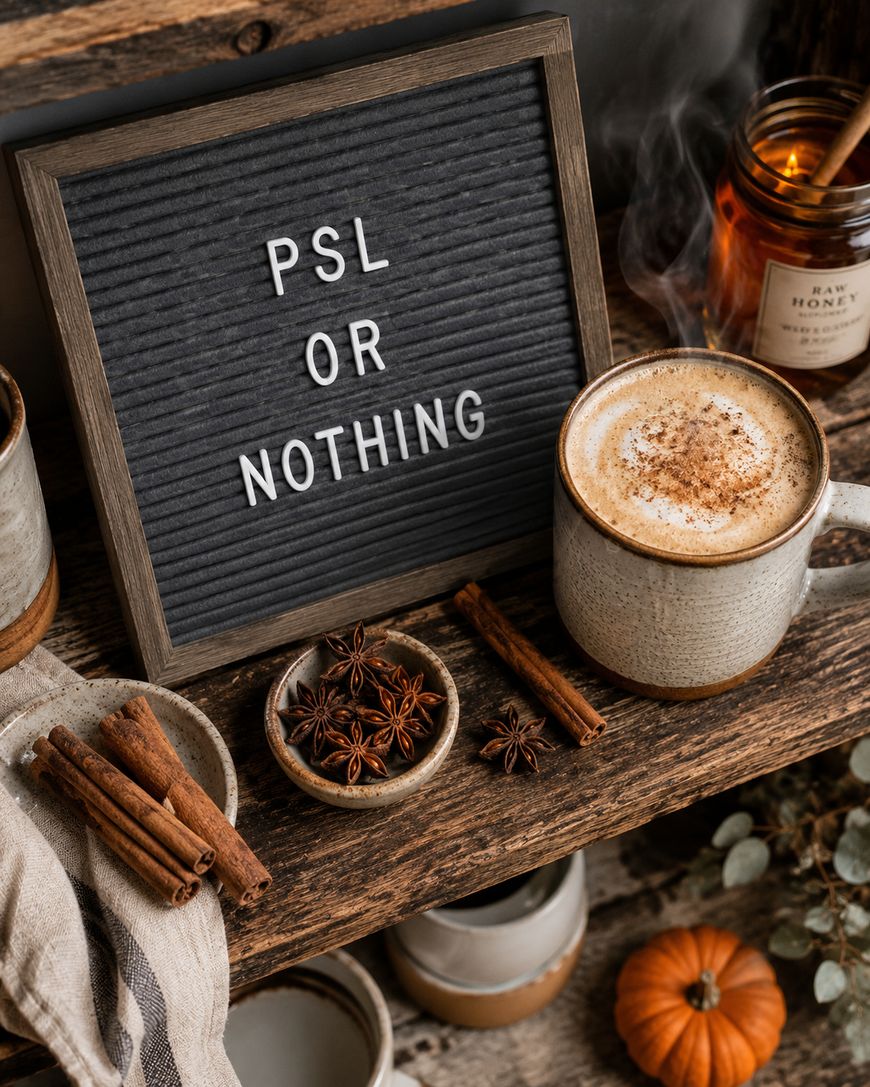 A rustic setup features a letter board reading PSL OR NOTHING, a mug of frothy pumpkin spice latte, cinnamon sticks, star anise, a lit candle, and a small pumpkin on a wooden shelf.