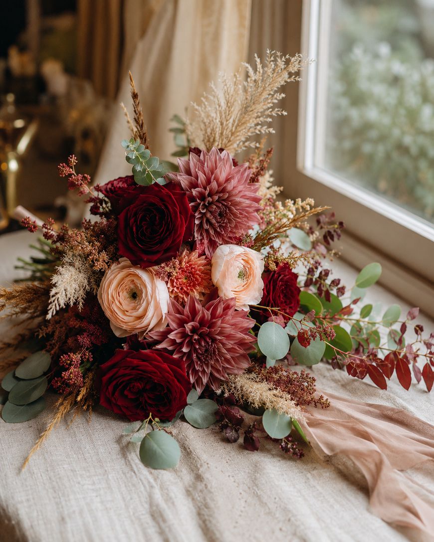 A bouquet of flowers featuring deep red roses, blush pink ranunculus, mauve dahlias, eucalyptus leaves, and dried grasses rests on a light fabric surface next to a window.