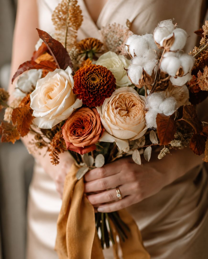 A person in a champagne-colored dress holds a bouquet with cream, orange, and rust roses, dried leaves, cotton stems, and brown ribbon, creating a warm, autumnal feel.