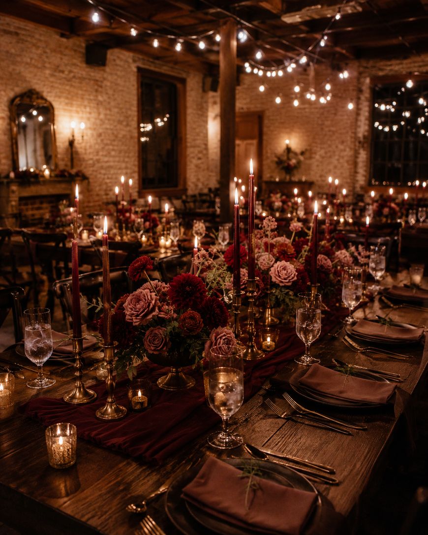 A rustic dining room with long wooden tables set for an elegant dinner, decorated with burgundy flowers, tall candlesticks, gold accents, and string lights creating a warm, romantic atmosphere.