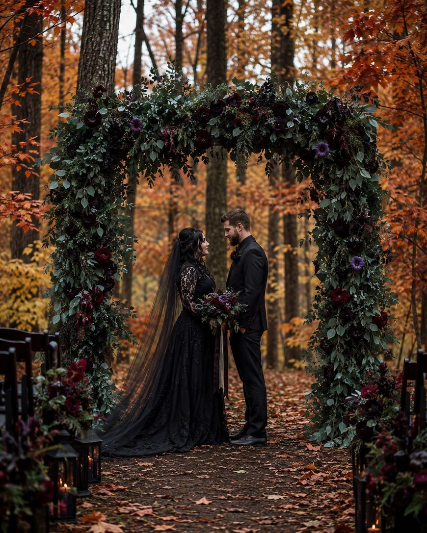 A couple in black attire stands under a large, leafy floral arch in a forest with autumn foliage, facing each other on a petal-strewn path lined with lanterns and flowers.