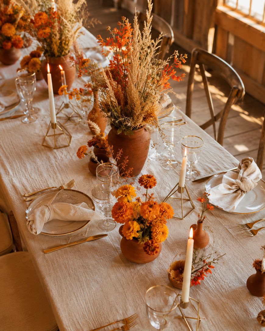 A rustic dining table set with cream linens, gold cutlery, clear glassware, and decorated with orange and yellow flowers and dried grasses in terracotta vases, with lit taper candles in geometric holders.
