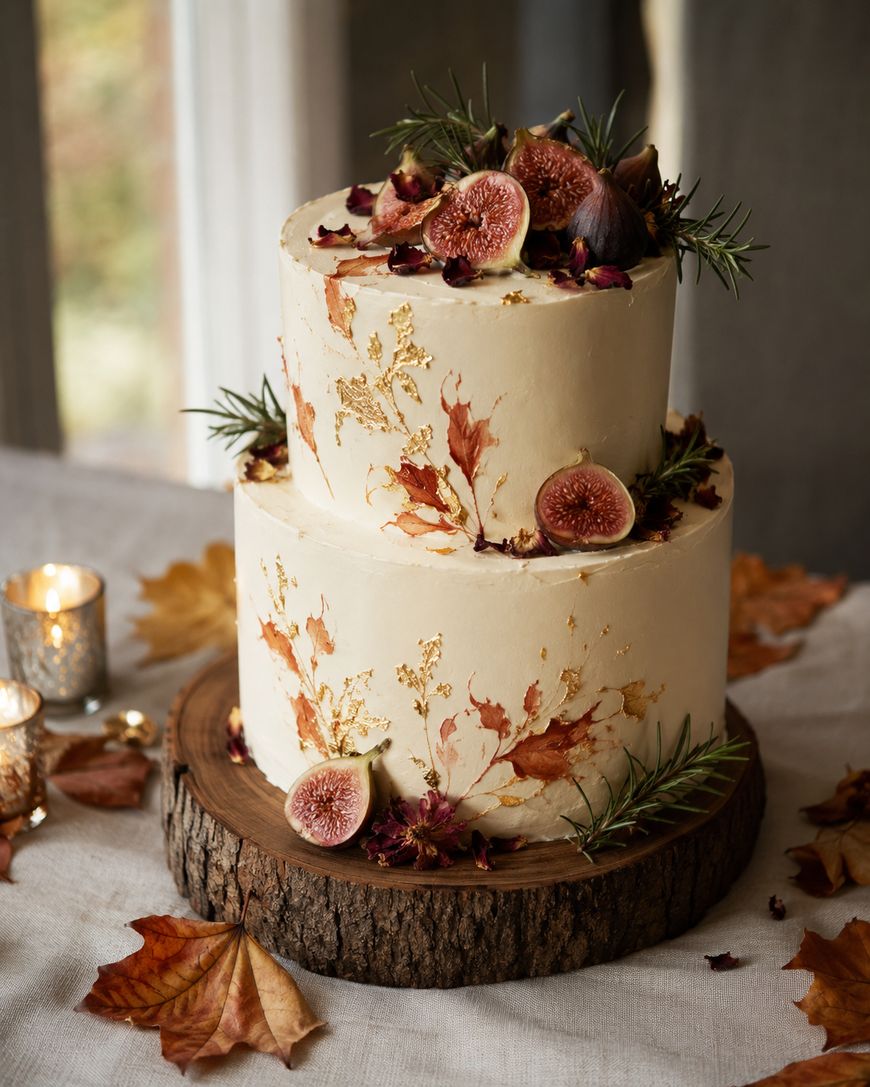 A two-tiered autumn-themed cake decorated with figs, rosemary, gold leaf, and dried leaves sits on a wooden cake stand, surrounded by autumn leaves and candles on a white tablecloth.
