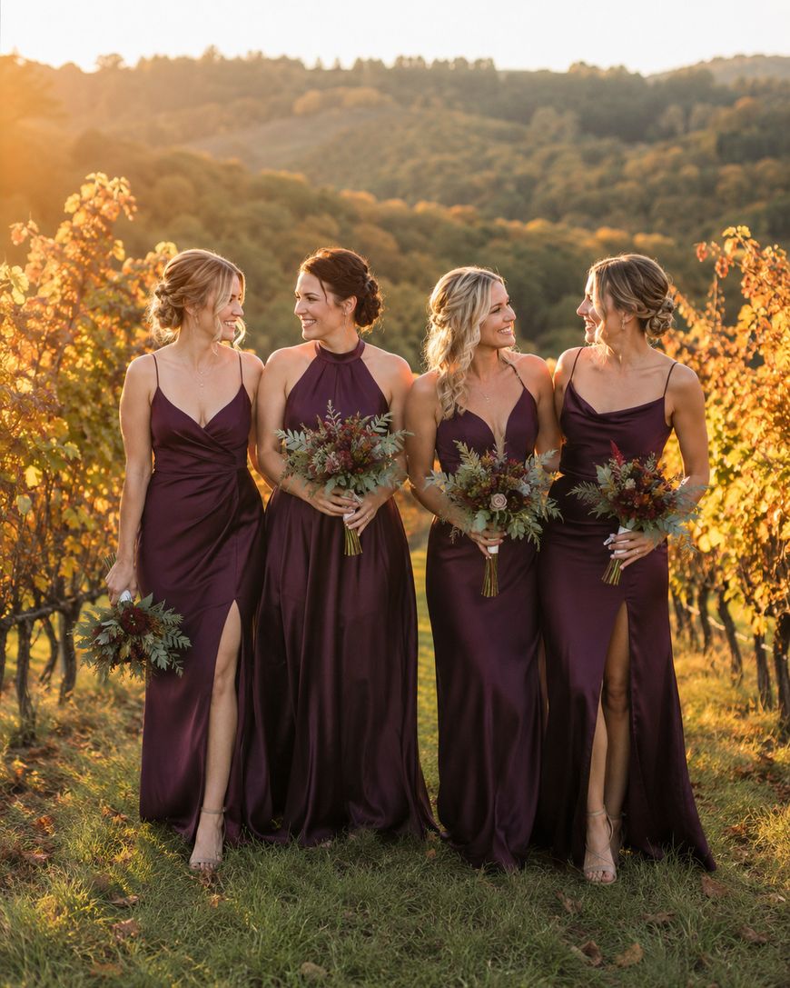 Four women in matching deep purple dresses stand in a vineyard at sunset, holding bouquets and smiling at each other, with autumn-colored vines and rolling hills in the background.