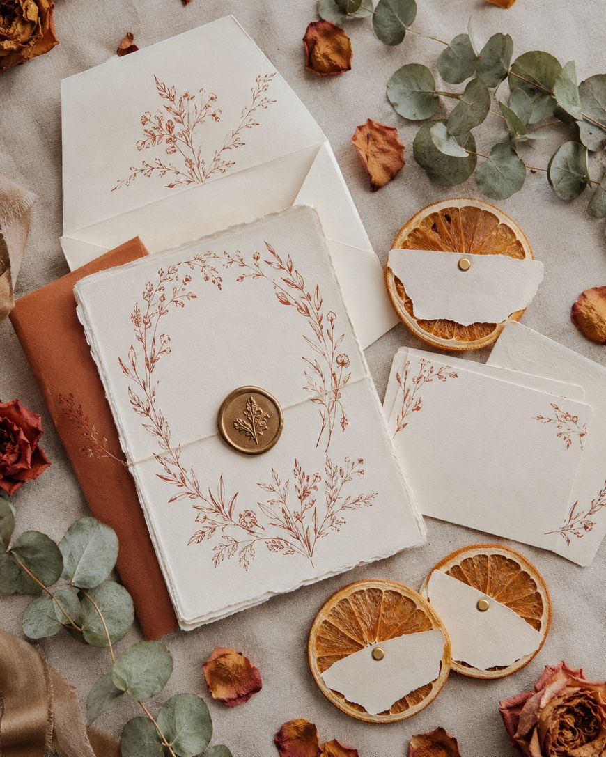Flat lay of elegant stationery with floral designs, envelopes, blank cards, dried orange slices, eucalyptus leaves, and rose petals arranged on a neutral fabric background. A wax seal decorates the main card.