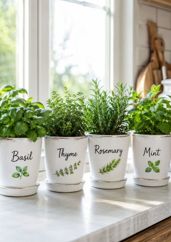 Four white flower pots labeled Basil, Thyme, Rosemary, and Mint sit on a sunny kitchen windowsill, each holding its corresponding fresh herb. The inviting kitchen background offers inspiration for garden and flower pot painting ideas.