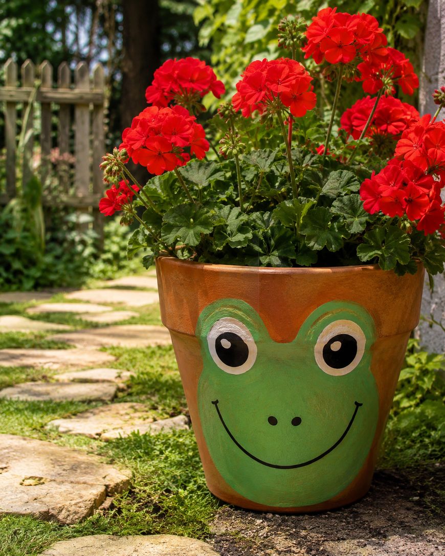 A terra cotta flower pot painted with a smiling green frog face holds bright red geraniums. The pot sits on a stone pathway in a garden with a wooden fence and greenery in the background.