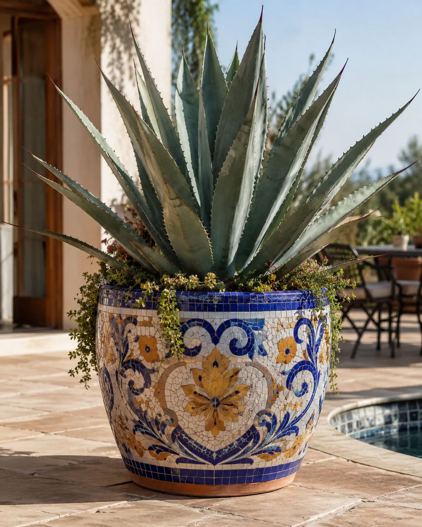 A large agave plant grows in a colorful mosaic pot with blue, yellow, and white floral patterns, placed on a stone patio near a pool and outdoor furniture.