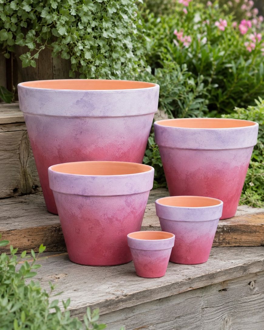 Five pink and purple terracotta plant pots of varying sizes are arranged on wooden steps outdoors, surrounded by greenery and flowering plants in the background.