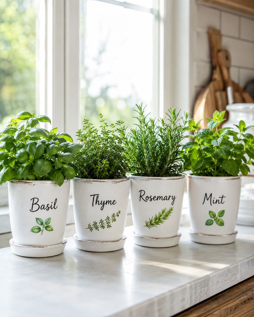 Four white pots labeled Basil, Thyme, Rosemary, and Mint, each containing the corresponding fresh herb plant, are arranged on a bright kitchen windowsill. Sunlight streams in, creating a fresh and inviting atmosphere.