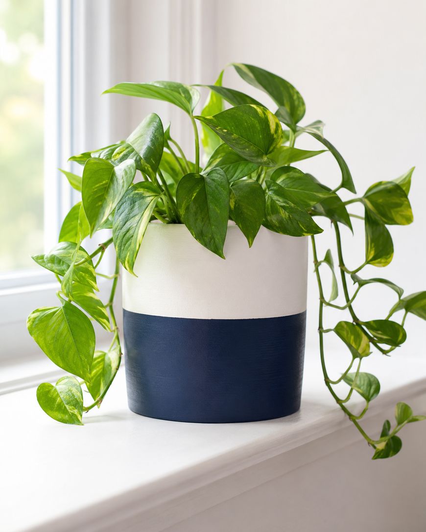 A trailing pothos plant with green, heart-shaped leaves sits in a white and navy blue pot on a windowsill, with soft natural light coming through the window.