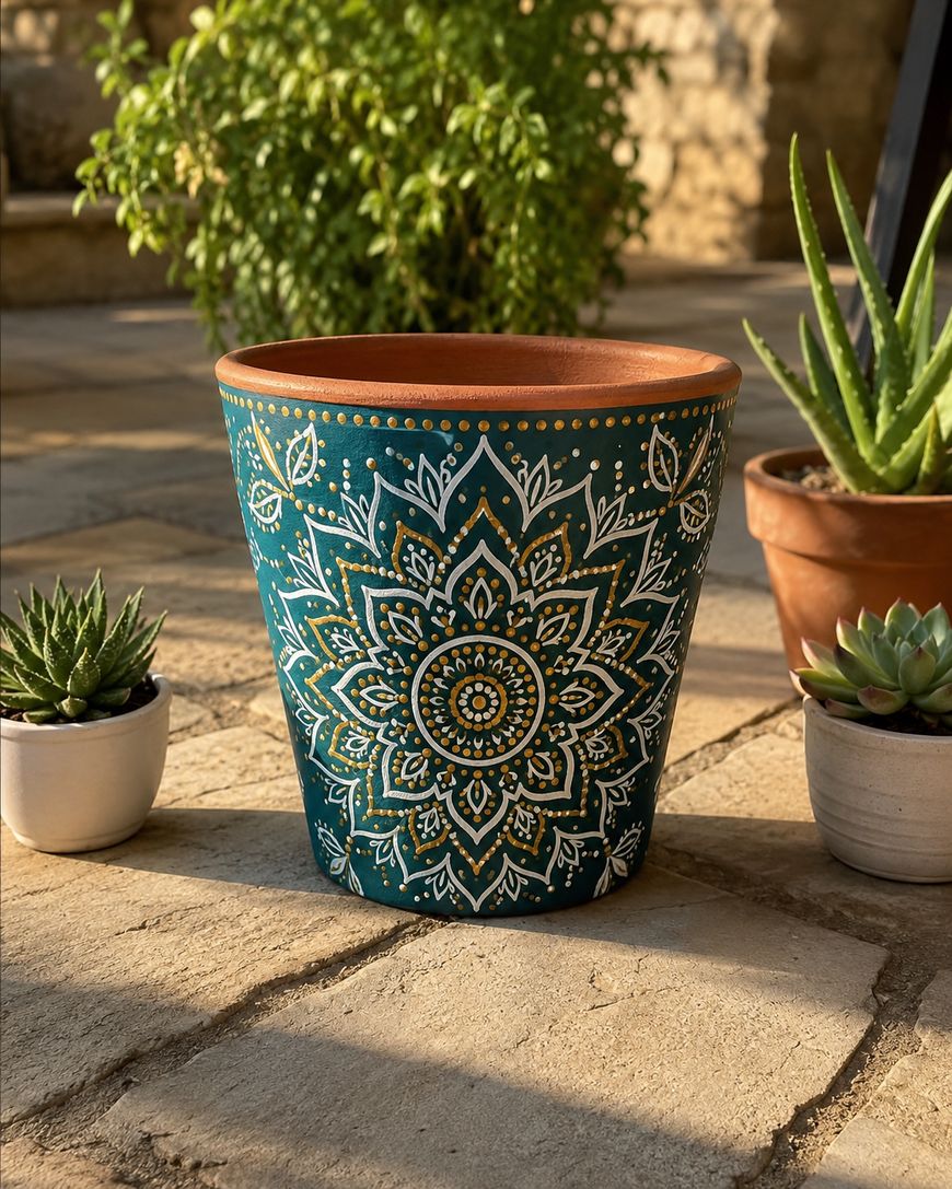A large blue flowerpot with intricate white mandala designs sits on a sunlit stone patio, flanked by small potted succulent plants.