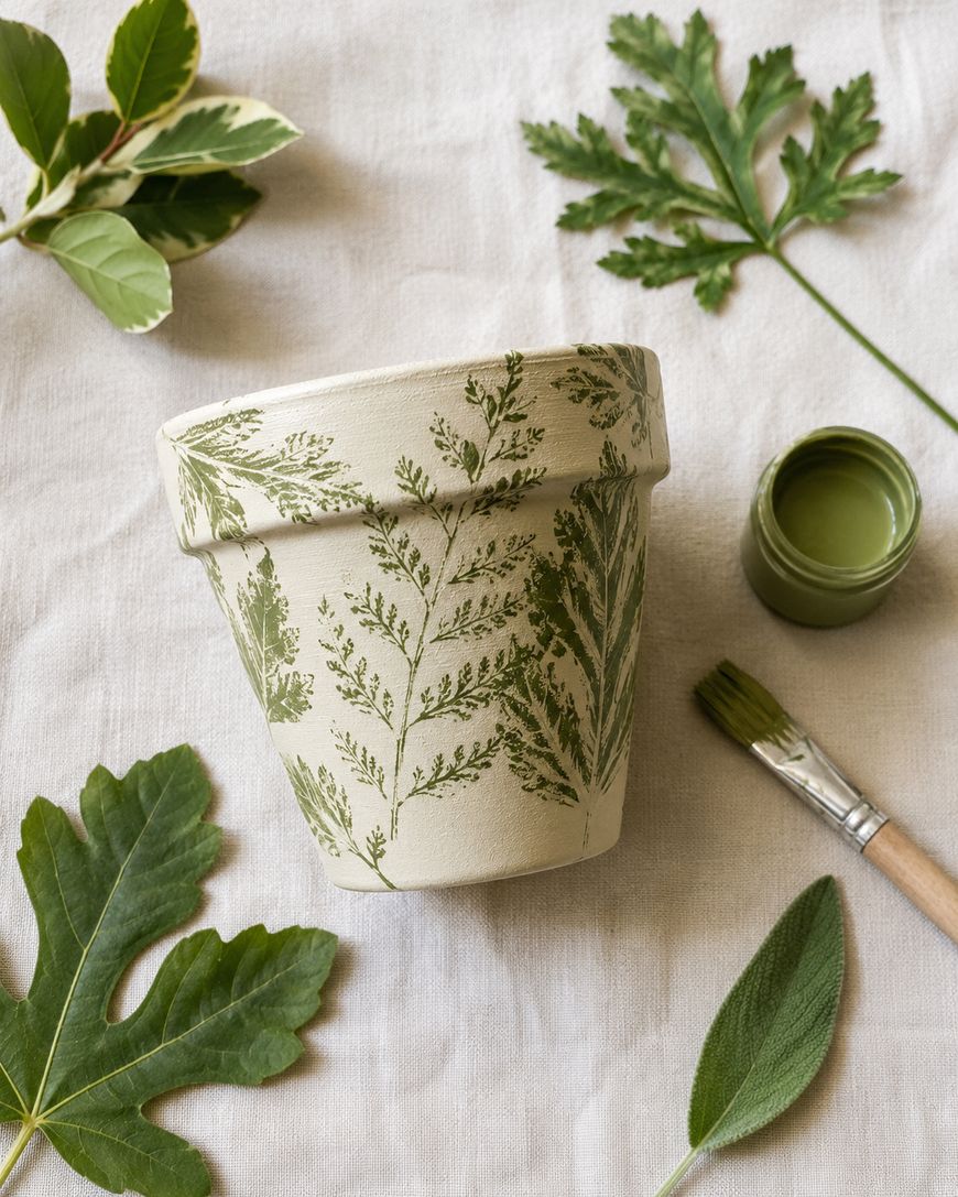 A clay pot decorated with green botanical prints sits on a light fabric surface, surrounded by assorted green leaves, a paintbrush, and an open jar of green paint.