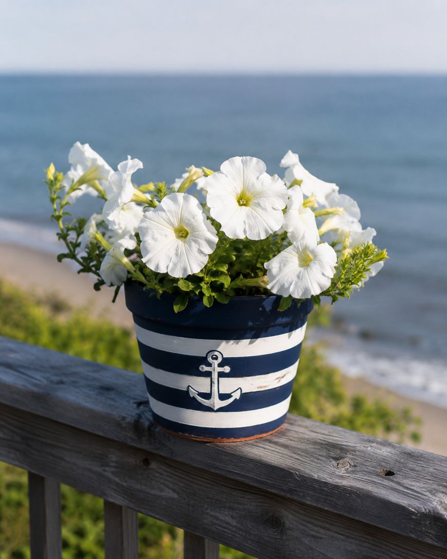 A blue and white striped flowerpot with an anchor design holds white petunias, sitting on a wooden railing with a beach and ocean in the background.