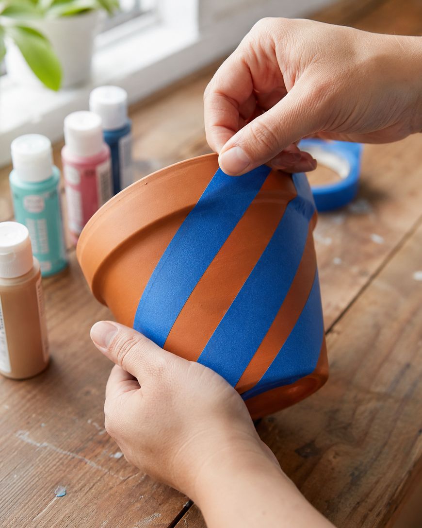 A person places blue painter’s tape diagonally around a terracotta flower pot on a wooden table, preparing it for painting. Several bottles of paint and a potted plant are visible in the background.