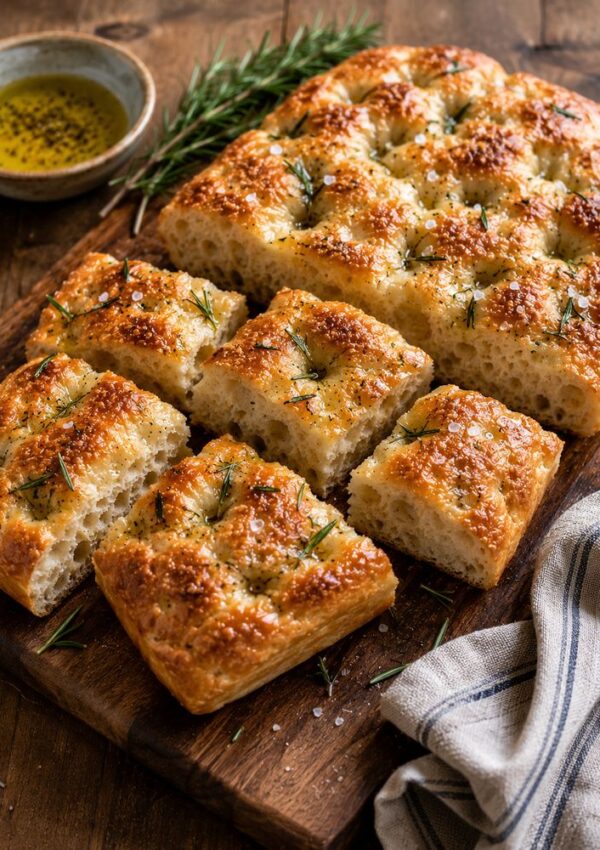 A golden, fluffy focaccia bread, made using a classic focaccia bread recipe, is topped with rosemary and sea salt, then cut into squares on a wooden board. Nearby sit a bowl of olive oil, fresh rosemary sprigs, and a folded cloth napkin.