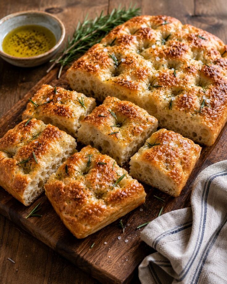 A golden, fluffy focaccia bread, made using a classic focaccia bread recipe, is topped with rosemary and sea salt, then cut into squares on a wooden board. Nearby sit a bowl of olive oil, fresh rosemary sprigs, and a folded cloth napkin.