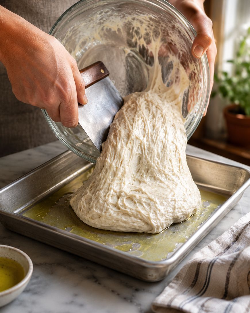 A person uses a bench scraper to transfer sticky, risen bread dough from a glass bowl into an oiled metal baking pan on a marble counter, with a towel, a small bowl of oil, and a potted plant nearby.