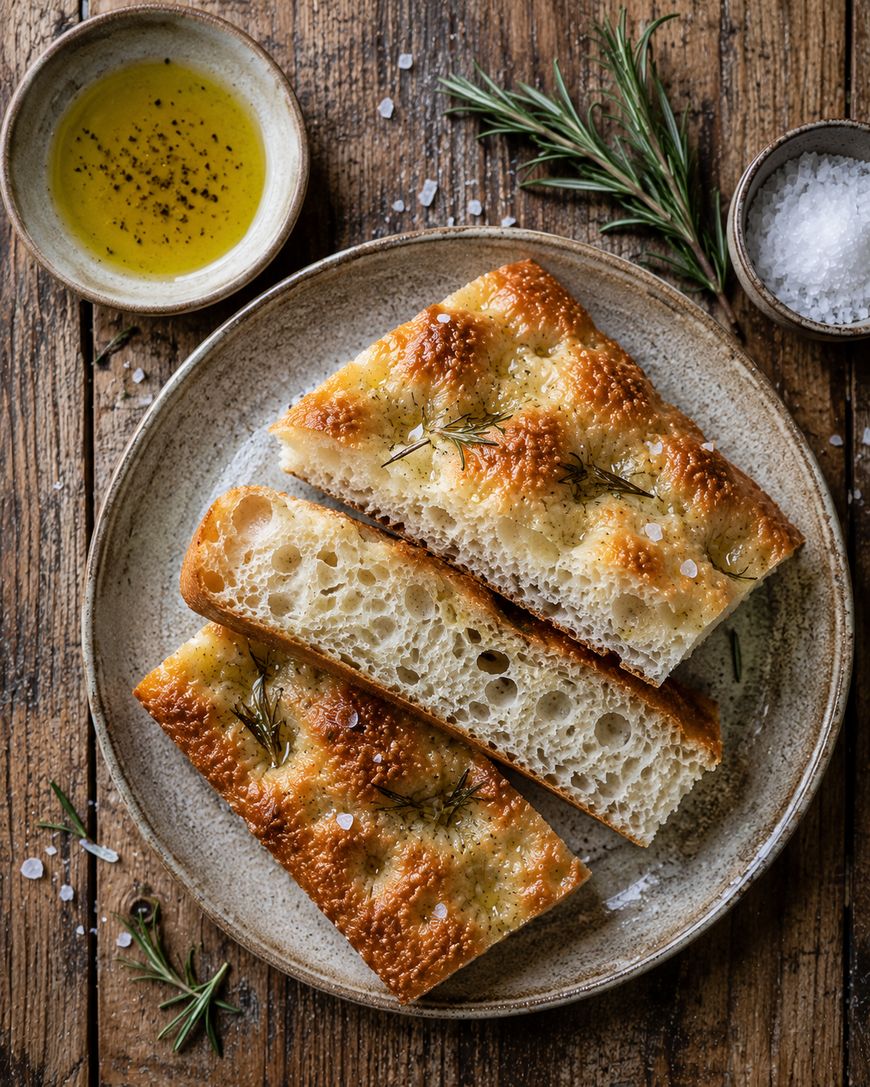 Three slices of golden-brown focaccia bread topped with rosemary and sea salt on a ceramic plate, with a bowl of olive oil and pepper, a sprig of rosemary, and a bowl of salt on a rustic wooden table.