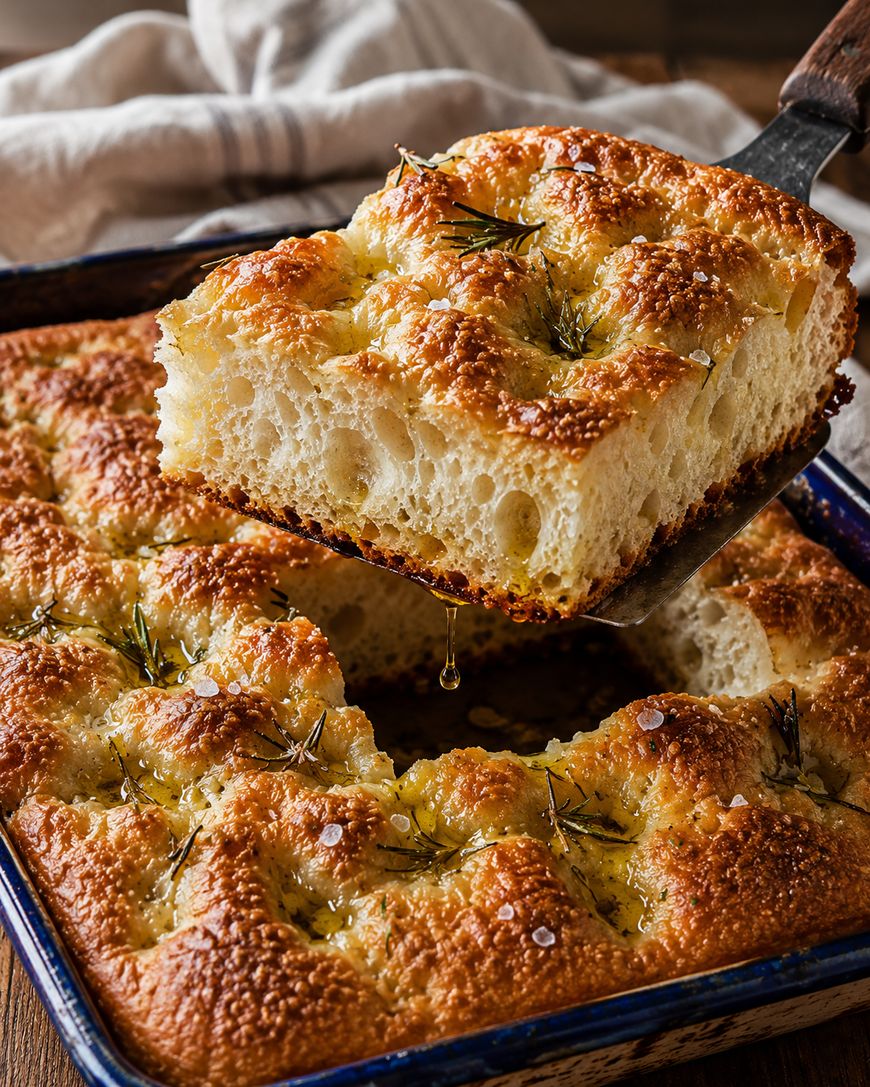 A close-up of golden, fluffy focaccia bread topped with rosemary and sea salt, with one square piece being lifted from the pan as olive oil drips from the bottom.