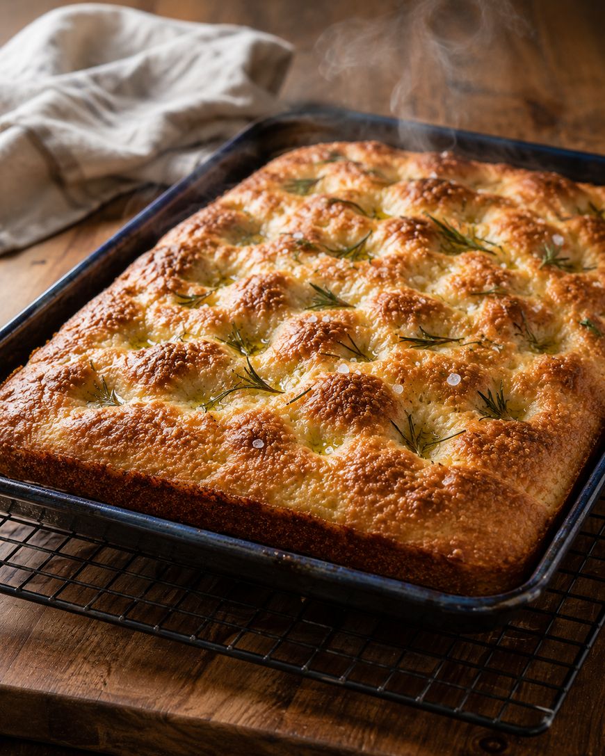 A freshly baked golden-brown focaccia bread with rosemary and sea salt sits in a baking tray on a cooling rack, with steam rising and a beige towel in the background.