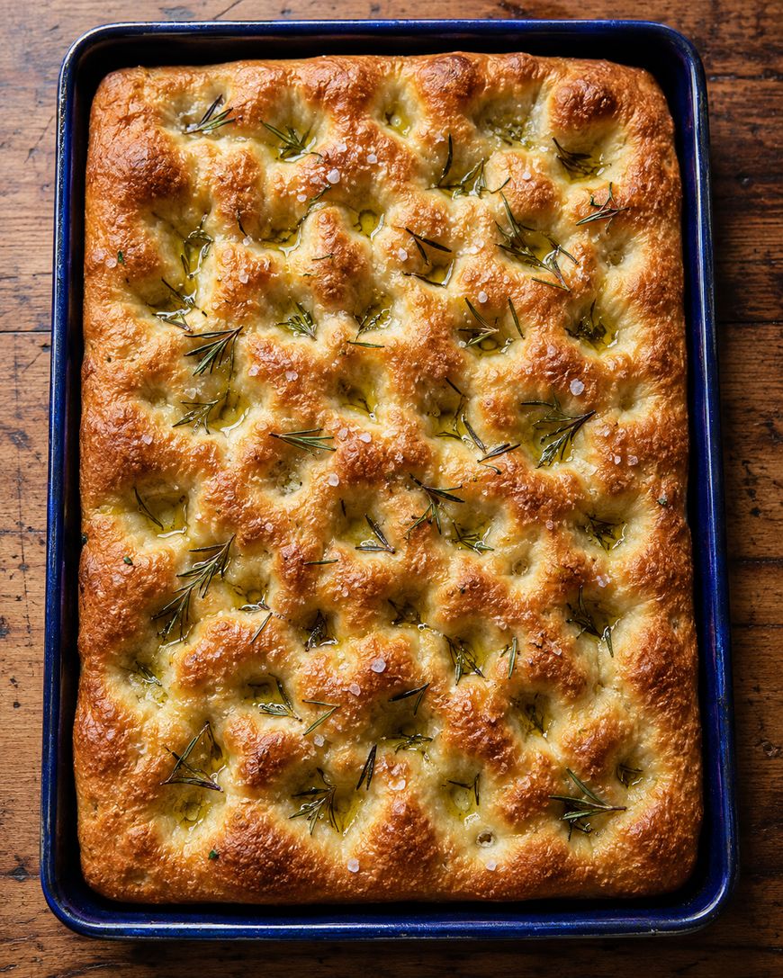 A golden-brown focaccia bread topped with rosemary and sea salt, baked in a rectangular blue-edged tray, sits on a wooden surface.