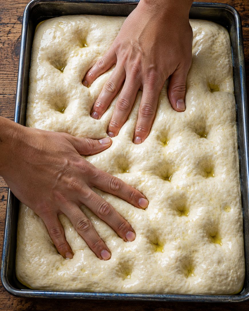 Two hands pressing dimples into raw focaccia dough in a rectangular baking pan on a wooden surface.