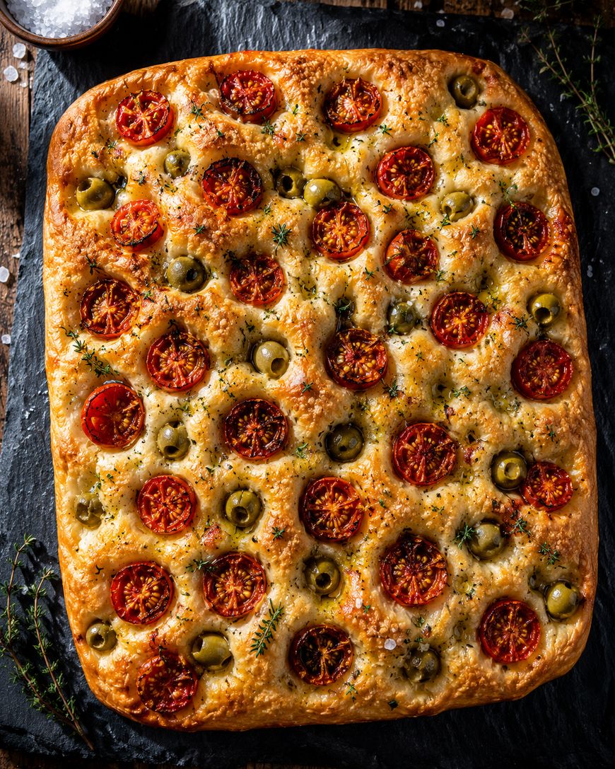 A golden-brown focaccia topped with halved cherry tomatoes, green olives, fresh herbs, and coarse salt, displayed on a dark slate board.