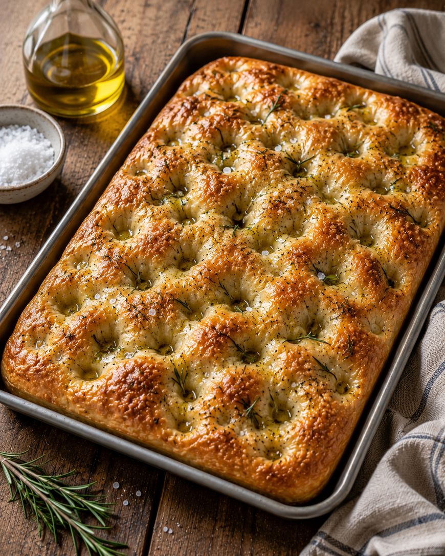 Golden, freshly baked focaccia bread in a rectangular pan, topped with rosemary and coarse salt. A bottle of olive oil, a bowl of salt, rosemary sprigs, and a striped towel are nearby on a rustic wooden table.