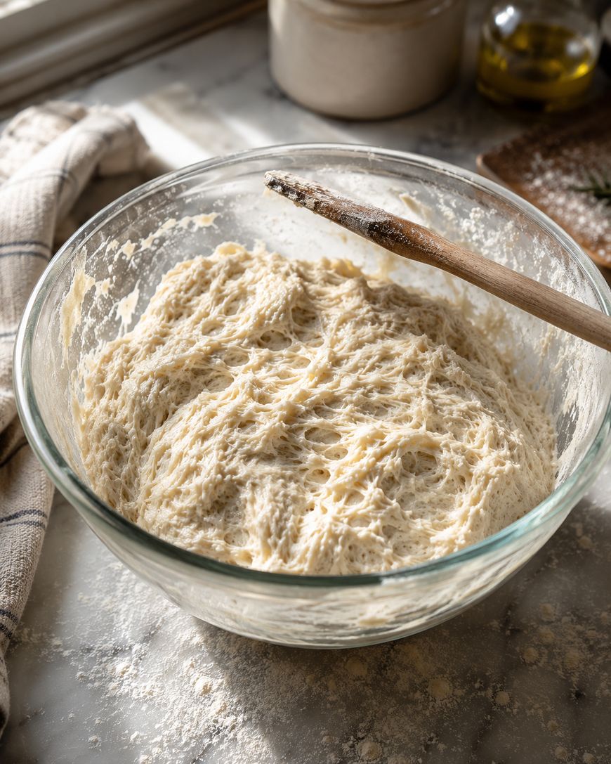 A glass bowl filled with risen, airy bread dough sits on a floured surface, with a wooden spoon resting on the edge. A kitchen towel, olive oil bottle, and jar are in the background.