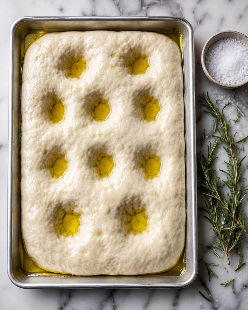 A rectangular pan of focaccia dough with dimpled surface and pools of olive oil, sits on a marble counter next to a small bowl of salt and sprigs of fresh rosemary.