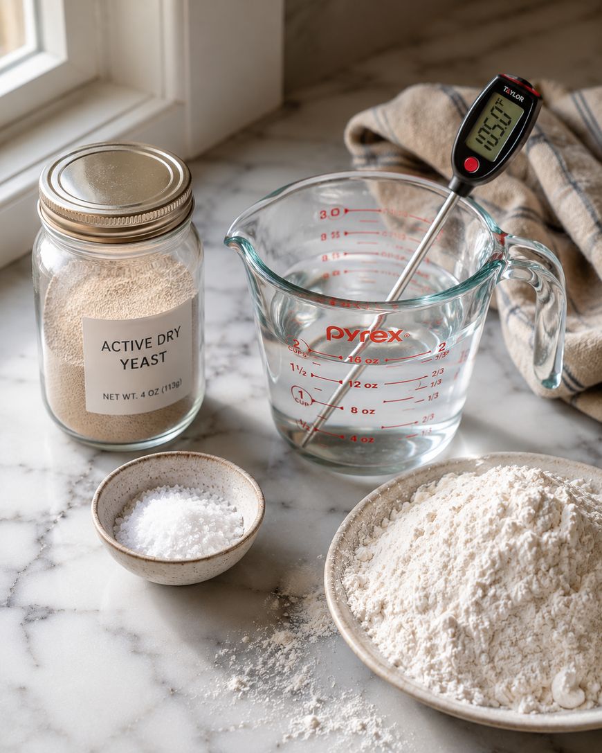 A jar of active dry yeast, a measuring cup of water with a thermometer, a small bowl of salt, and a bowl of flour are arranged on a marble countertop near a window.