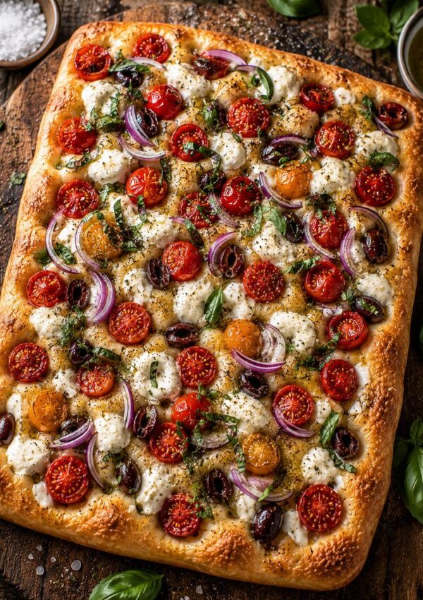 A rectangular focaccia topped with cherry tomatoes, red onion, black olives, dollops of ricotta, and fresh herbs—one of the best focaccia topping ideas—sits on a rustic wooden table with bowls of salt and olive oil nearby. Perfect for your bake!.