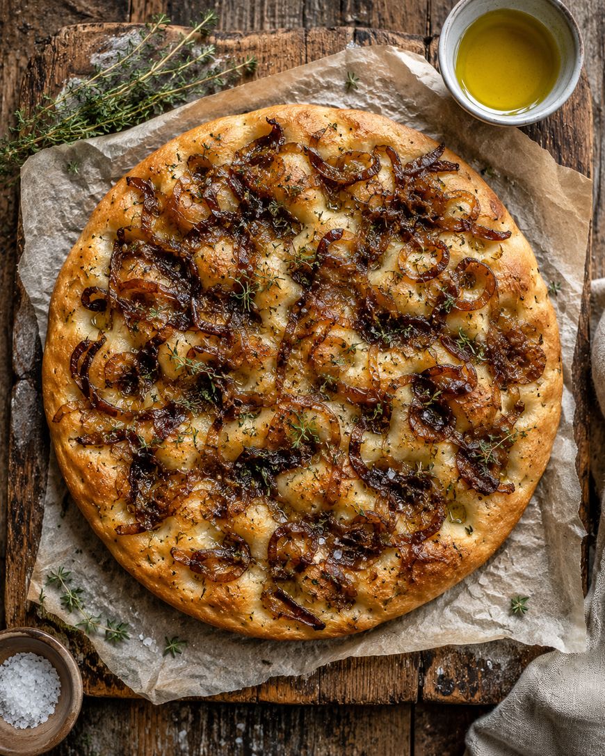 A round focaccia topped with caramelized onions and herbs sits on parchment paper on a rustic wooden surface, with a bowl of olive oil, a small bowl of salt, and sprigs of fresh herbs nearby.