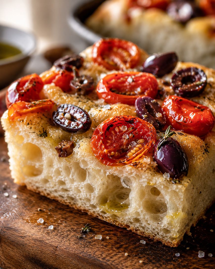 A close-up of a thick slice of focaccia bread topped with roasted cherry tomatoes, black olives, herbs, and sea salt, resting on a wooden surface. The bread appears airy and golden brown.