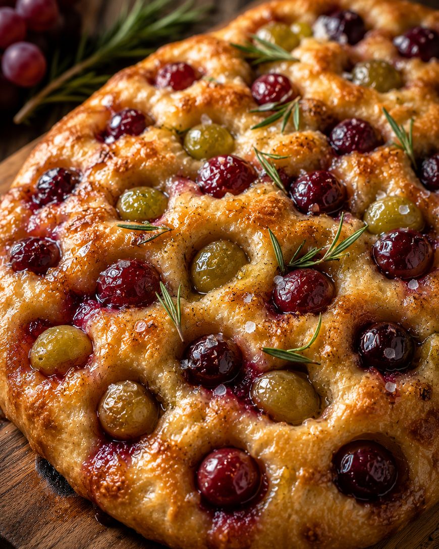 A close-up of freshly baked focaccia bread topped with red and green grapes, coarse salt, and rosemary sprigs on a wooden surface. The bread appears golden and slightly glossy.