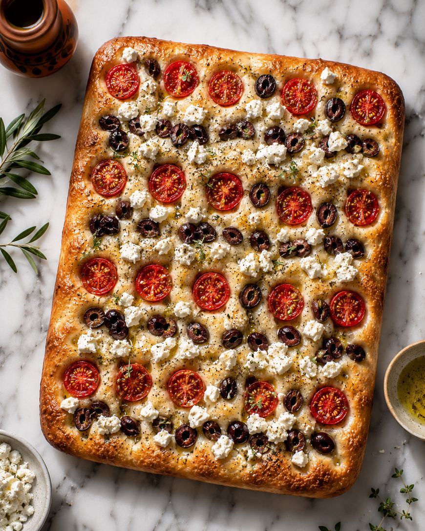 A rectangular focaccia topped with halved cherry tomatoes, black olive slices, and crumbled feta cheese, garnished with herbs, sits on a marble surface with olive oil, cheese, and herbs nearby.