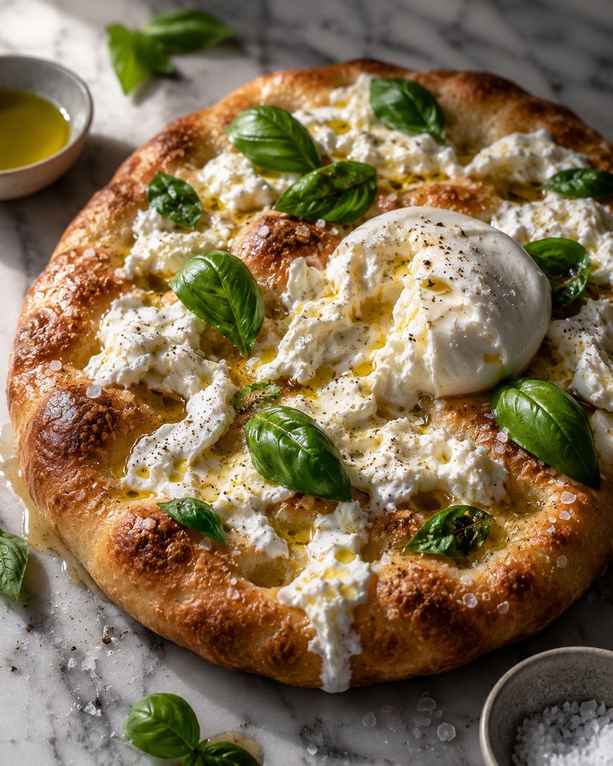 A freshly baked pizza topped with creamy burrata cheese, fresh basil leaves, cracked black pepper, and a drizzle of olive oil, set on a marble surface with a small bowl of olive oil and sea salt nearby.
