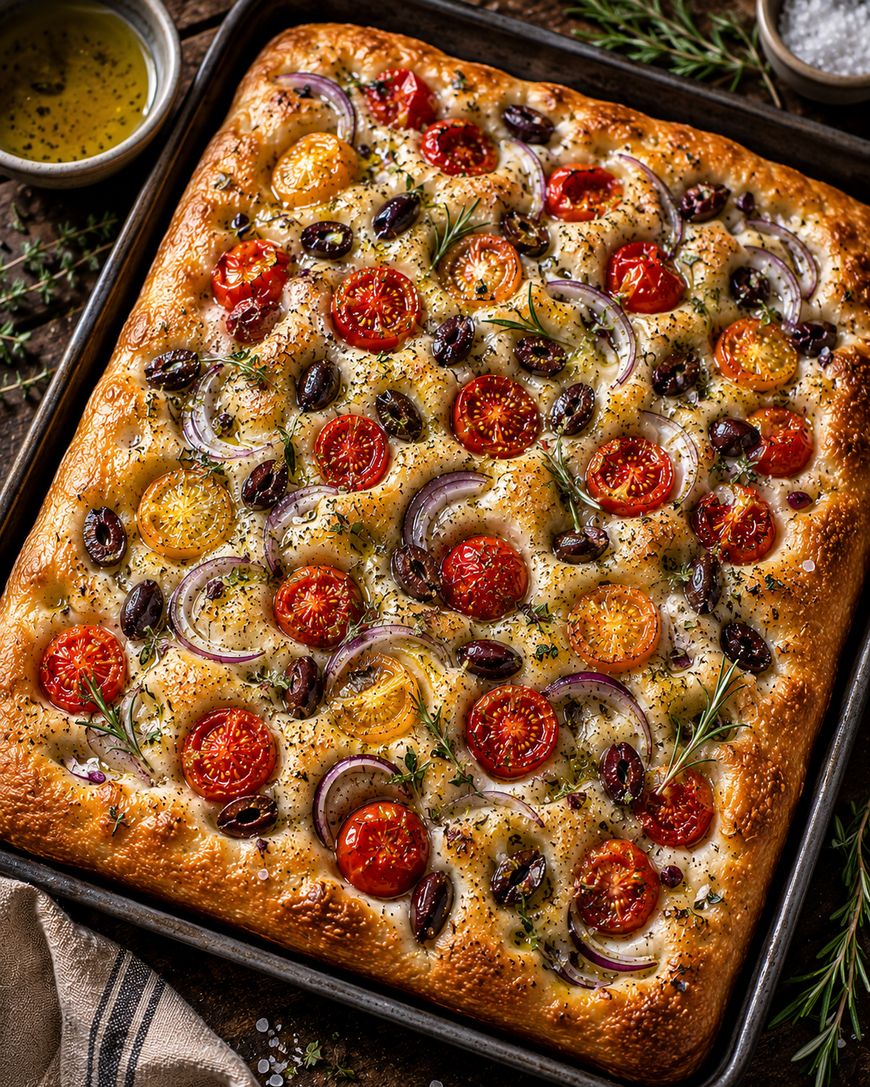 A freshly baked focaccia topped with cherry tomatoes, red onion slices, black olives, rosemary, and herbs sits on a baking tray, with olive oil and fresh herbs nearby.