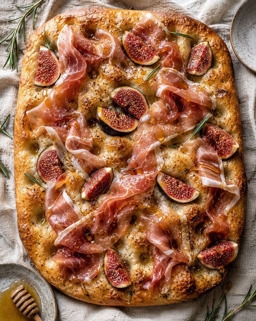 A rectangular focaccia topped with fresh figs, prosciutto slices, and rosemary sprigs, sits on a light cloth with a small dish of honey and a honey dipper nearby.