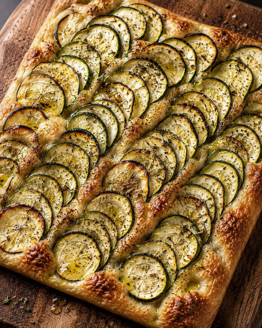 A rectangular zucchini tart with neatly arranged, overlapping slices of zucchini on a golden-brown, herb-seasoned crust, displayed on a wooden board.