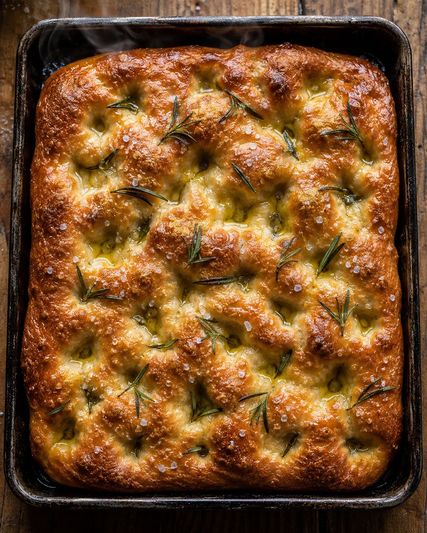 Golden, freshly baked focaccia bread in a rectangular pan, topped with rosemary sprigs and coarse sea salt, resting on a rustic wooden surface. The bread appears soft and fluffy with a crisp crust.
