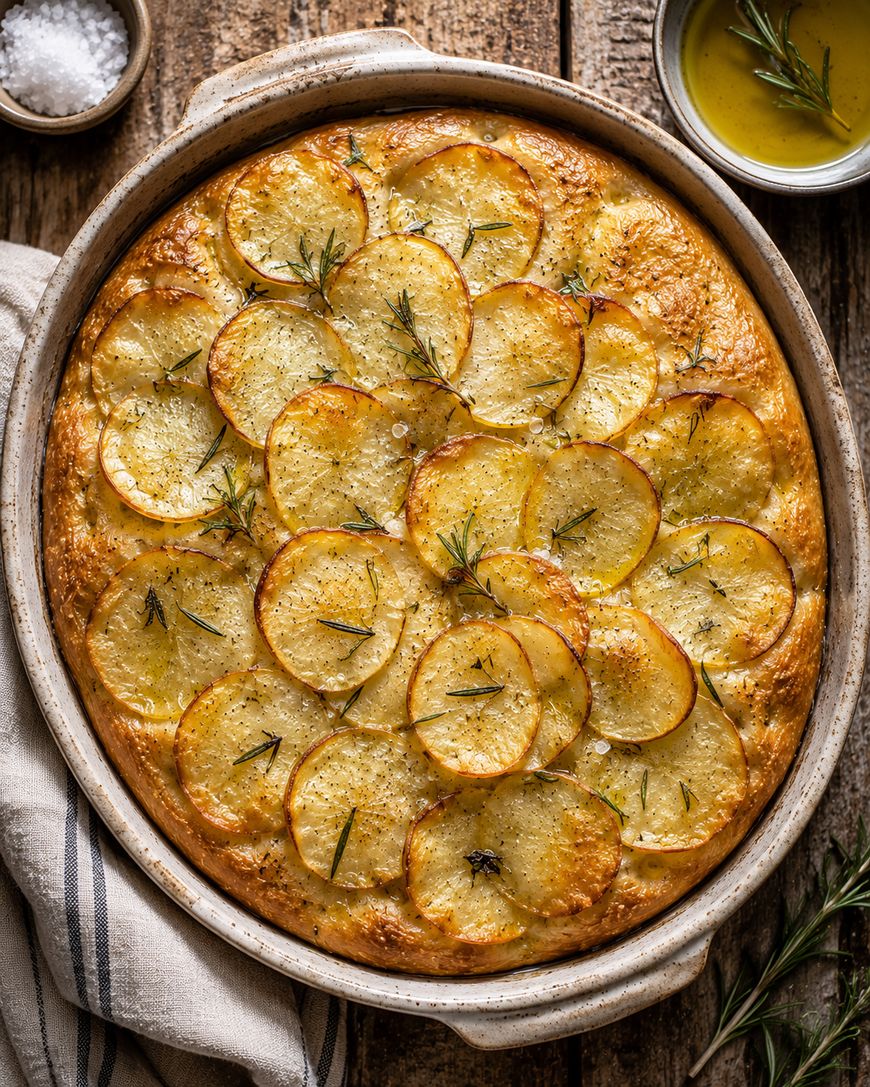 A baked dish topped with thinly sliced golden potatoes, sprinkled with rosemary and salt, in a rustic oval baking dish on a wooden table, with a small bowl of olive oil and a striped cloth nearby.