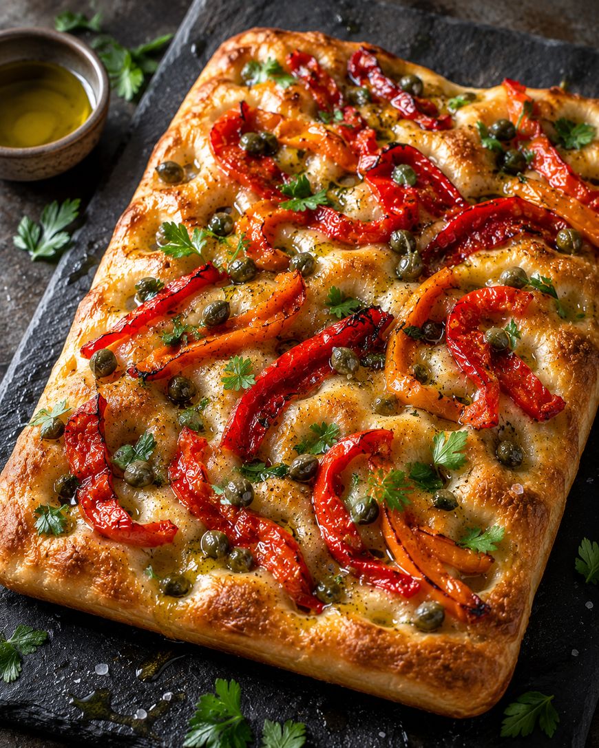 Rectangular focaccia bread topped with roasted red and yellow bell peppers, capers, and fresh parsley, displayed on a dark serving board with a small bowl of olive oil beside it.