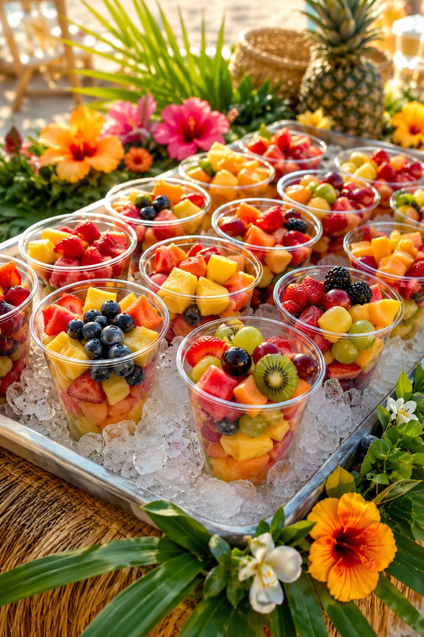 Clear plastic cups filled with assorted fresh fruit, such as strawberries, blueberries, kiwi, grapes, and pineapple, are arranged on a tray of ice. Tropical flowers and leaves decorate the vibrant display.