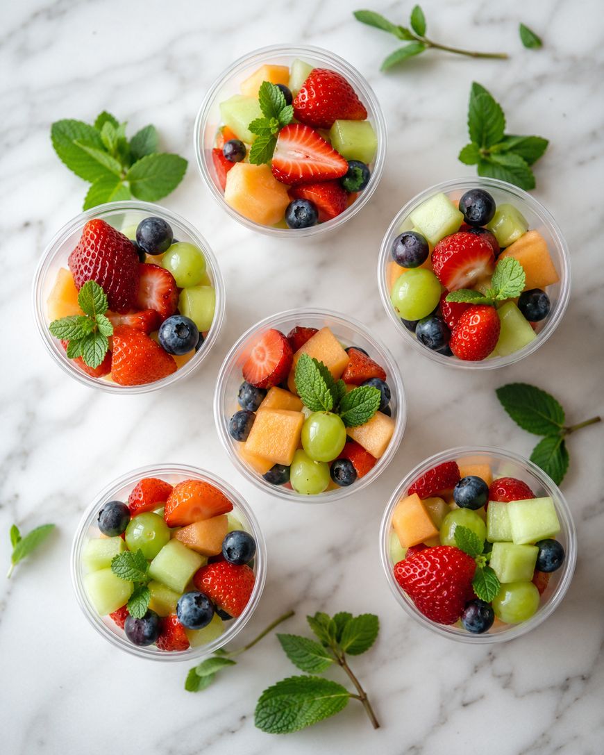 Six clear cups filled with assorted fresh fruit—strawberries, blueberries, grapes, cantaloupe, and honeydew—are arranged on a marble surface with mint leaves scattered around for garnish.