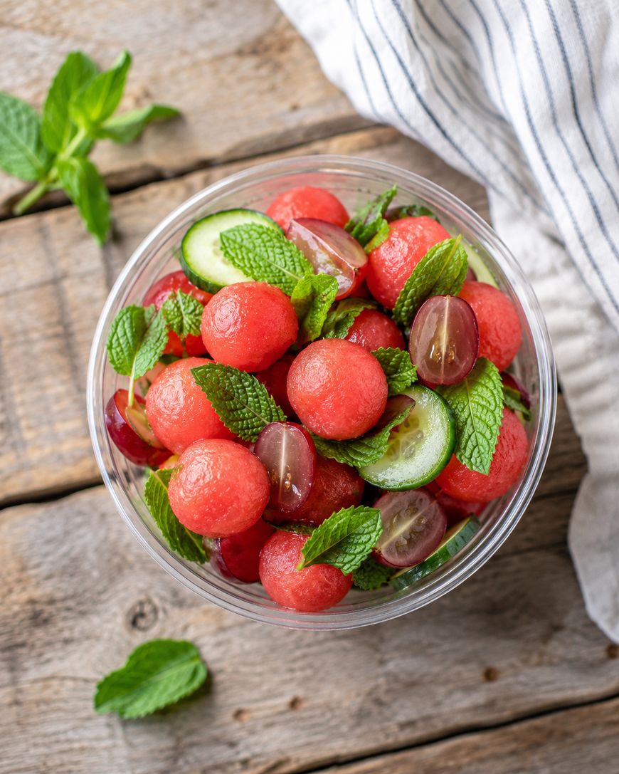 A bowl of watermelon balls, cucumber slices, halved grapes, and fresh mint leaves sits on a rustic wooden table next to a striped cloth and sprigs of mint.