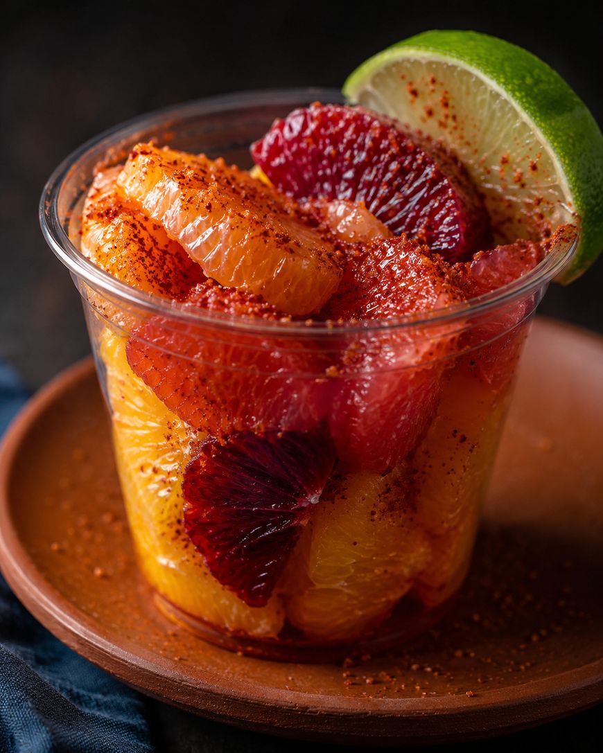 A clear plastic cup filled with orange, grapefruit, and blood orange slices, sprinkled with chili powder and garnished with a lime wedge, sits on a brown plate against a dark background.